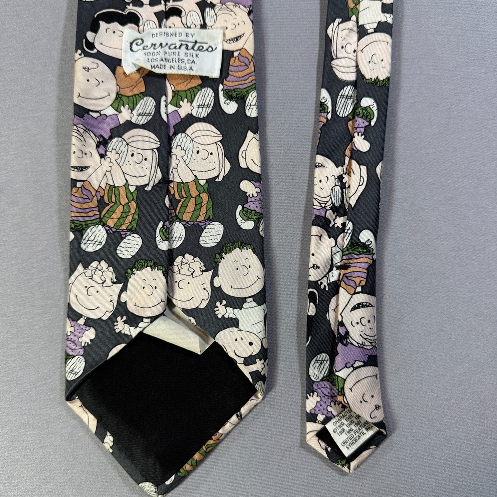 Vintage Cervantes Peanuts Silk Tie Mens Charlie Brown Snoopy Made in USA Black - Picture 7 of 8